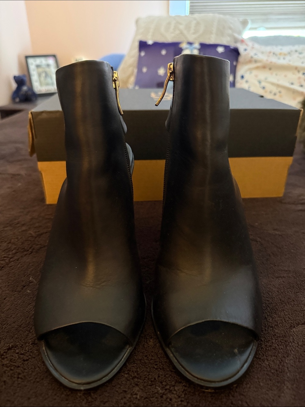 BCBG Black Leather Peep-Toe Ankle Booties with Gold Zipper